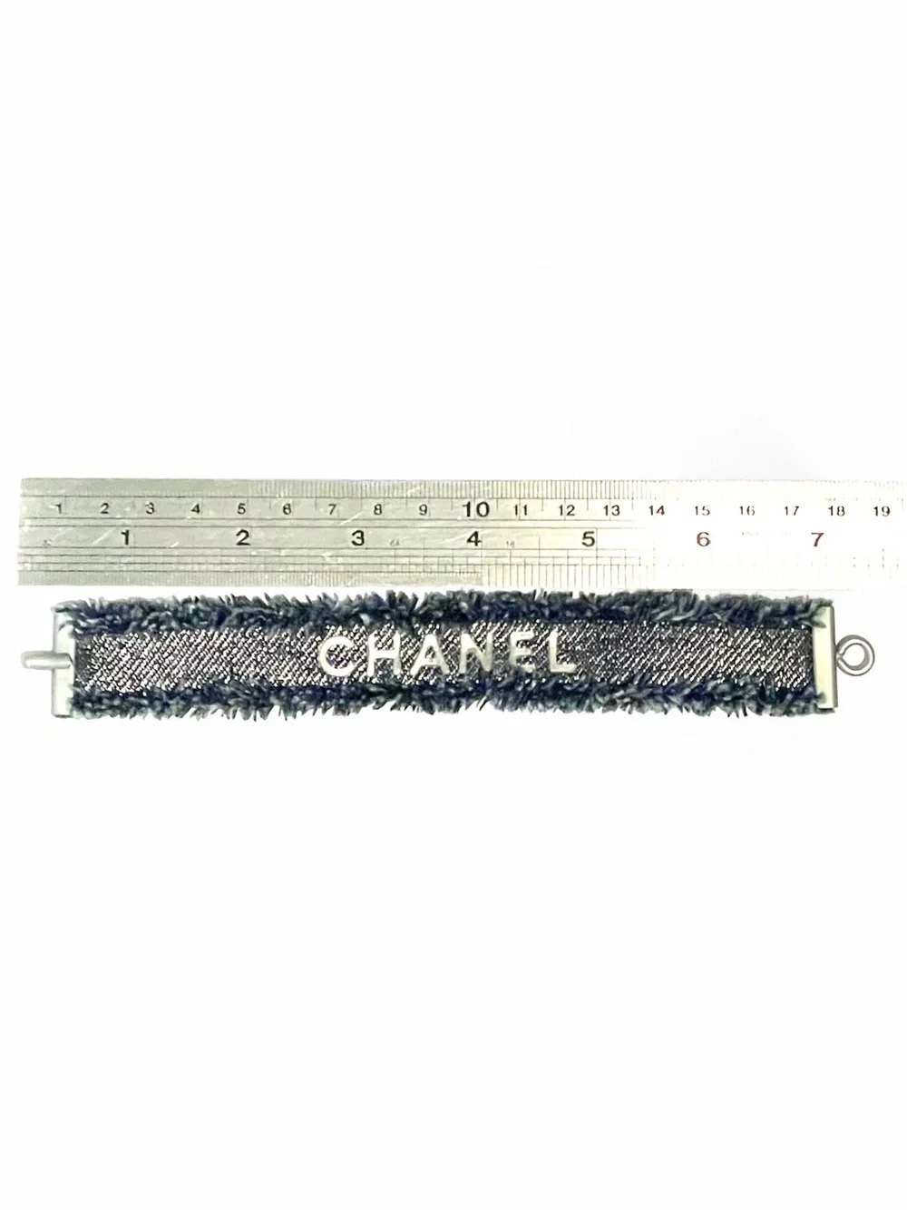 Authentic CHANEL Women Denim Wristband Leather Bangle With Hook - Worn Leather